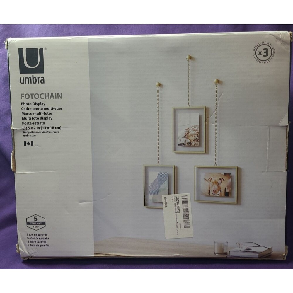 Umbra Fotochain Photo Display Set of 3 Brass Frames 5 x 7 frames New Open Box